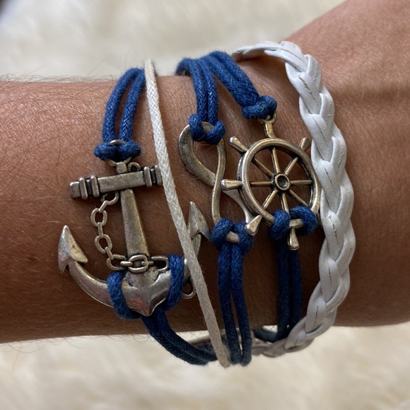 Vintage Silver Ship Rudder Anchor Infinity Bracelet Multilayer Braided Blue Whit - Picture 15 of 16